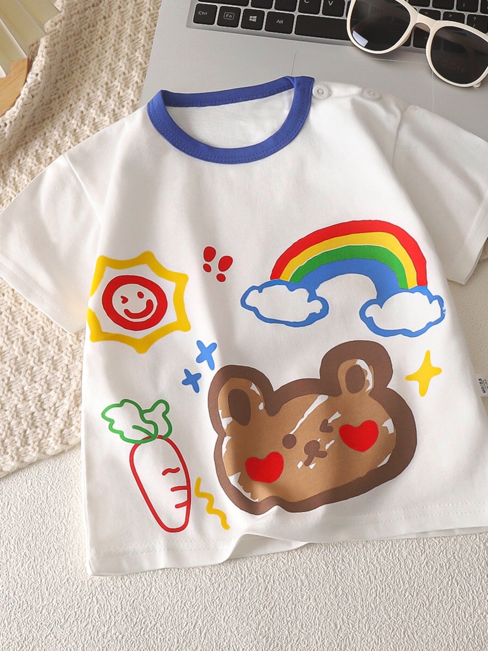 Kids White Graphic Tee with Rainbow & Bear